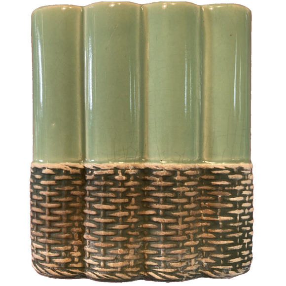 Vintage McCoy Vase Art Pottery Glazed Green Matte Tan Basket Weave Wicker Look - Picture 7 of 7